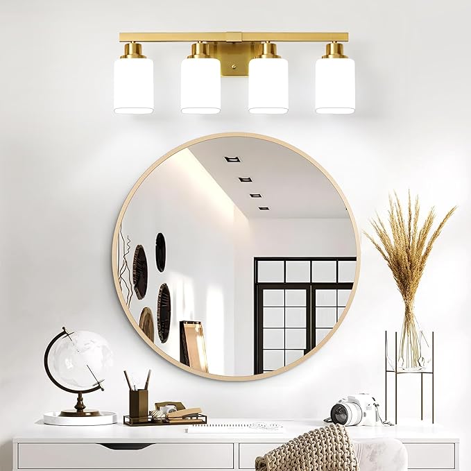 Brushed Gold Bathroom Vanity Light,4-Light Bathroom Light Fixtures with Square Frosted Glass,Gold Bathroom Wall Lamp Sconces for Mirror Bedroom,Living Room Hallway,E26