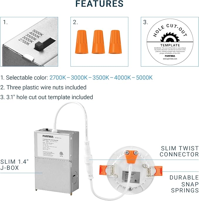 PARMIDA (6 Pack) 3 Inch 5CCT Ultra-Thin LED Recessed Ceiling Light with Junction Box, 5 Color Selectable 2700K/3000K/3500K/4000K/5000K, 8W, Dimmable Canless Wafer Slim Panel Downlight, IC Rated, ETL