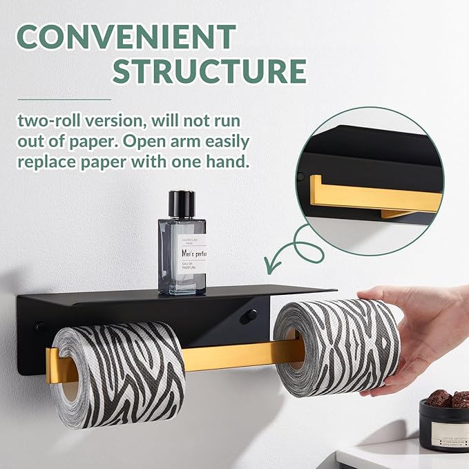 APLusee Double Toilet Paper Holder with Phone Shelf, 304 Stainless Steel Bathroom Tissue Hanger, Wall Mounted Dual Roll Paper Dispenser, Black & Gold