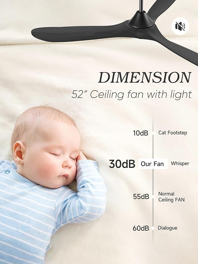 52 inch Black Ceiling Fan with Lights, Modern Propeller Ceiling Fan, Outdoor Black Solid Wood Ceiling Fans for Patio with Light, Reversible DC Motor High CFM for Porch, Exterior, Indoor