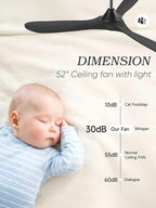 52 inch Black Ceiling Fan with Lights, Modern Propeller Ceiling Fan, Outdoor Black Solid Wood Ceiling Fans for Patio with Light, Reversible DC Motor High CFM for Porch, Exterior, Indoor