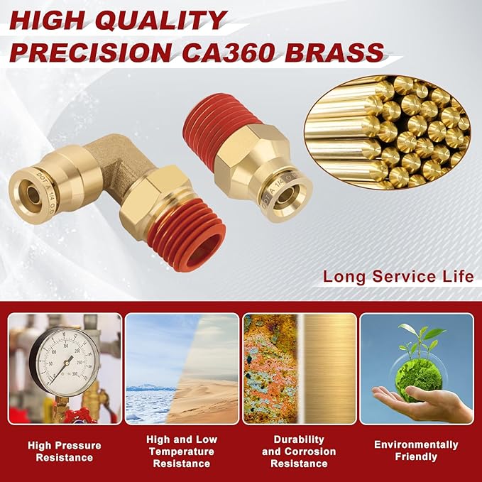 1/4” Quick Push to Connect Fittings Brass Male Straight and Elbow Combination DOT Approved 1/4" Tube OD x 1/4" NPT Thread Air Brake Line Adapter Air Suspension Kit Air Hose Repair Kit 14pcs