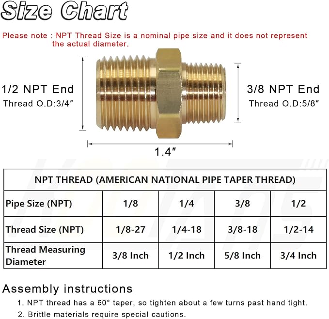 KOOTANS 1/2 NPT x 3/8 NPT Male Solid Brass Hex Nipples, Heavy Brass Pipe Adapter Fittings Reducing Nipple Connectors 4Pieces