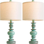 BOBOMOMO 20" Distressed Teal Bedside Lamps Set of 2, Hand-Painted Vintage Resin Lamps with Linen Shades, Cottage Farmhouse Lamp for Living Room, Bedroom, and Hallway, Space-Saving Accent Lamps