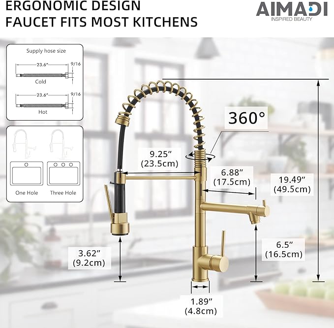 Brushed Gold Kitchen Faucet with Pull Down Sprayer, AIMADI Commercial Gold Kitchen Sink Faucet Single Handle Spring Two Nozzles Faucets