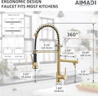 Brushed Gold Kitchen Faucet with Pull Down Sprayer, AIMADI Commercial Gold Kitchen Sink Faucet Single Handle Spring Two Nozzles Faucets