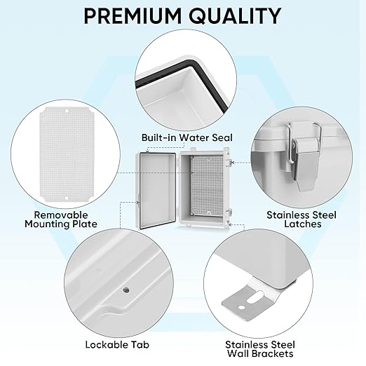 TICONN Waterproof Electrical Junction Box IP67 ABS Plastic Enclosure with Hinged Cover with Mounting Plate, Wall Brackets, Cable Glands (Off-White, 10.2"x6.3"x3.9")