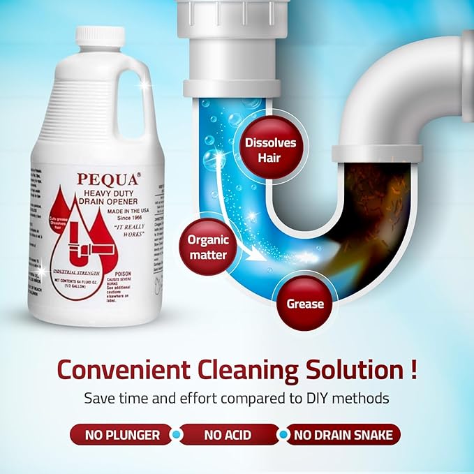 PEQUA INDUSTRIES 64 oz Pequa Heavy Duty Drain Opener - Powerful, Non-Acid, Fast-Acting Formula, Safe for All Pipes, Industrial strength Drain Cleaner for Sinks, Tubs, Septic Tanks (Pack of 4)