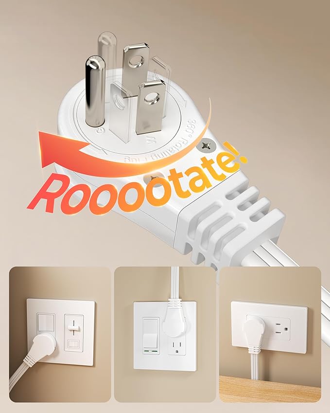 DEWENWILS 25FT Flat Plug Extension Cord, 3 Prong Ultra Thin Power Strip, 360° Rotating Plug, 13A/125V/1625W, 16 Awg Grounded Flat Power Cable for Indoor Narrow Space, SPT-3, ETL Listed, White