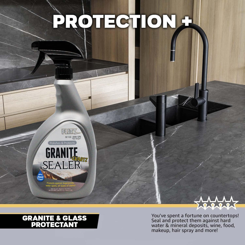 Flitz Granite Sealer (+ Quartz) - 32oz Bottle of USA-Made Quartz Sealer for Countertops, Glass, & More - Food Safe Marble Sealant that Shields Against Hard Water Stains, Mineral Deposits, Oil (1 Pack)