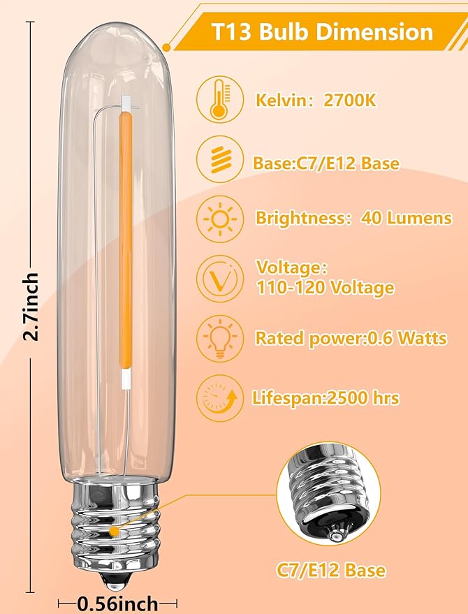 12 Pack LED T13 Replacement Light Bulbs for S14 Outdoor String Lights, 0.6W Night Lights Bulb Equivalent to 11W Incandescent Bulb, 2700K Warm White, E12 Candelabra Bulbs Dimmable