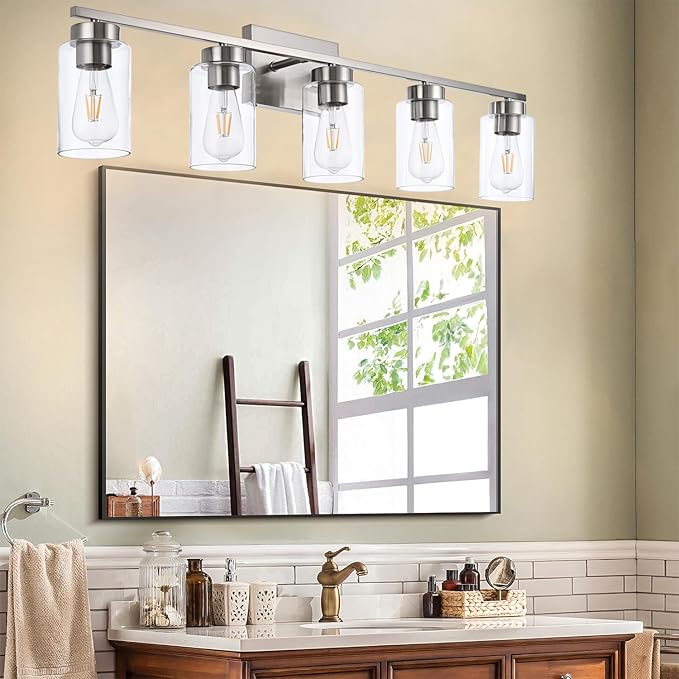5 Light Bathroom Vanity Light Fixtures, Brush Nickel Modern Wall Lights with Clear Glass Shade, Vintage Wall Sconce Lighting for Living Room, Mirror, Bedroom, Hallway (Nickel, 5-Lights)