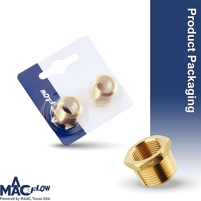 MAACFLOW brass 3/8" Male NPT to 1/4" Female NPT Adapter Reducer Hex Bushing (Thread OD 0.65" - ID 0.44") (pack of 2)