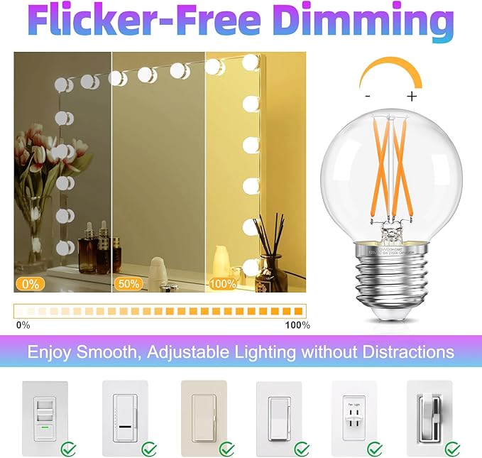 G16.5 LED Bulb Dimmable, 6W, 60 watt Equivalent, 2700K Warm White E26 Globe Bulb, Round Edison Bulbs for Ceiling Fan, Pendant, Chandeliers, 90+CRI 600LM, 6 Pack