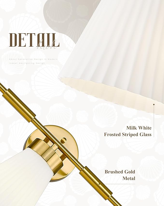 Bathroom Light Fixture, HWH 5-Light Bathroom Vanity Light Brushed Gold Vanity Lighting Over Mirror, Modern Vanity Lights with Frosted White Striped Glass, 5HZG97B-5W BG