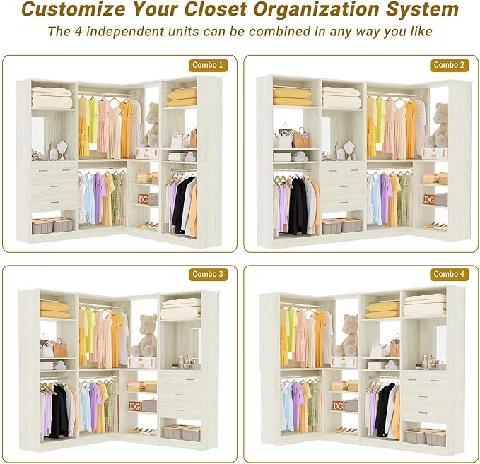 Unikito 86 Inch Closet System, 3 Sets Corner Closets Organizer with Hanging Rods and Mirror Design, Freestanding Adjustable Wood Clothes Garment Rack with Drawers, Sturdy Walk in Closet Kit, White Oak