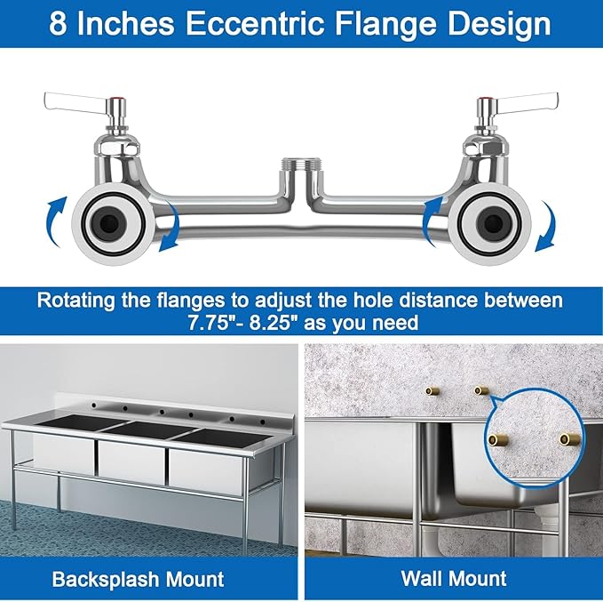 Commercial Wall Mount Kitchen Sink Faucet with Sprayer - 21" Height 8 inch Center, Add-on 8" Swing Spout Pre-Rinse Sprayer for 1 or 2 Compartment Sink