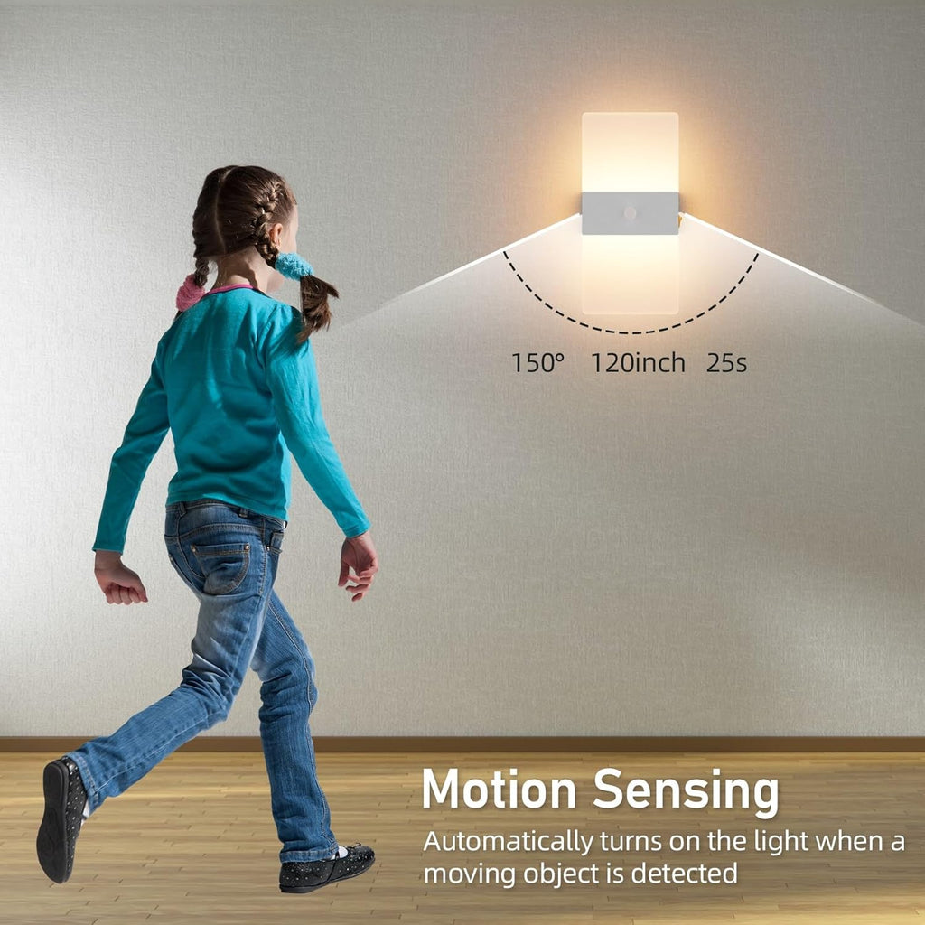 2 Pack Motion Sensor Wall Lights, Morden Silver Decorative LED Indoor Night Light, 3000K Warm Light Battery Operated Wall Sconces for Porch Bedroom Living Room Hallway(Silver)