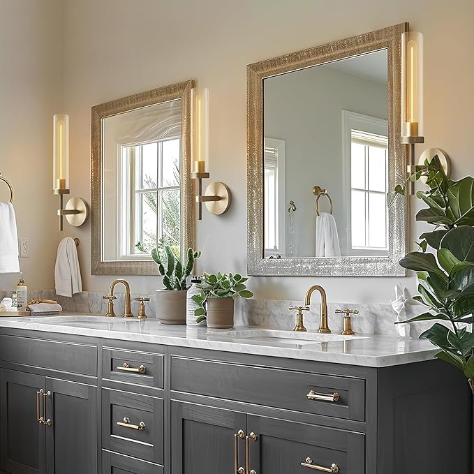 Brass Wall Sconces Set of Two 19.48'' Knurled Texture Indoor Wall Light Fixtures, Bathroom Vanity Light Fixtures with Clear Glass, Modern Wall Lamp for Living Room Hallway (Bulb Included)