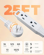 DEWENWILS 25FT Flat Plug Extension Cord, 3 Prong Ultra Thin Power Strip, 360° Rotating Plug, 13A/125V/1625W, 16 Awg Grounded Flat Power Cable for Indoor Narrow Space, SPT-3, ETL Listed, White