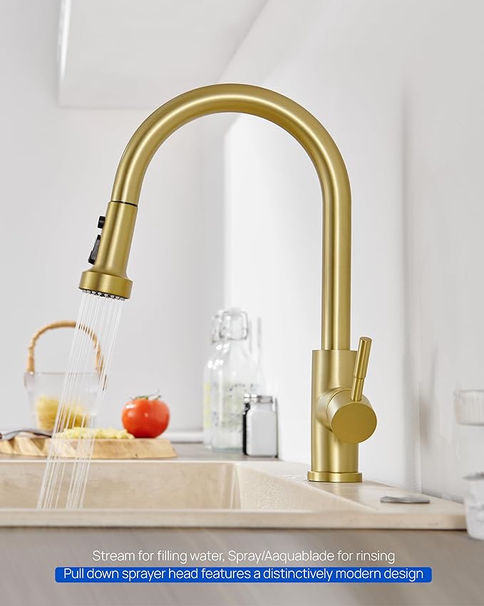 J-HVA Pull Down Kitchen Faucet Sprayer Head Replacement Part, 3 Function Pull Out Sink Sprayer Replacement Nozzle with 15 Adapters, Kitchen Faucet Head Hose Spray Tap Spout, Brushed Gold