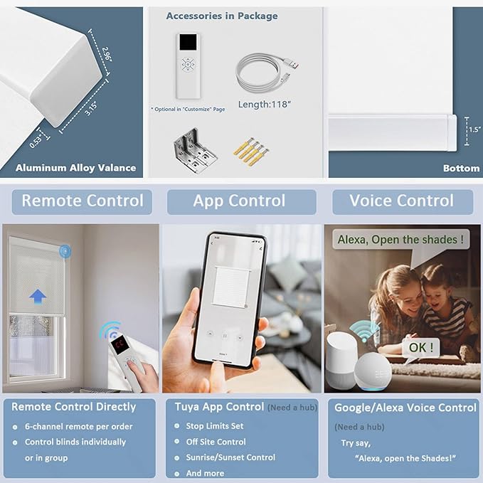 Motorized Blinds with Remote Cordless Automatic Motorized Shades Custom Blinds for Windows Smart Curtains Compatible with Alexa Google Home(Solar Black,W53 x H72in)