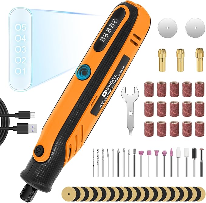 HARDELL Rotary Tool, 4V Mini Cordless Rotary tool Kit con 5 Speed Display, Rechargeable Rotary tool Set with 69 Accessories for Sanding, Grinding, Engraving, Polishing, Drilling, Cutting, DIY Crafting