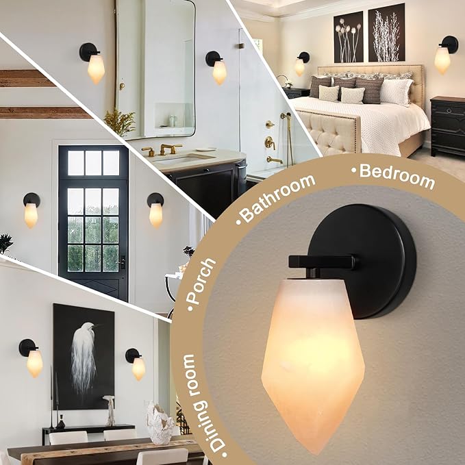 Alabaster Wall Sconce, Spanish Marble Wall Light, Modern Wall Sconce for Bathroom, Hardwired Wall Lighting for Living Room, Wall Lamp for Bedroom Hallway Stairs, Black