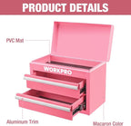 WORKPRO Metal Mini Tool Box, Top Tool Chest containing Two Drawers with Ball Bearing Slides, PVC Drawer Liners and PP Feet Pads, Cold Rolled Steel Small Toolbox for Multi-Purpose Storage - Pink Ribbon