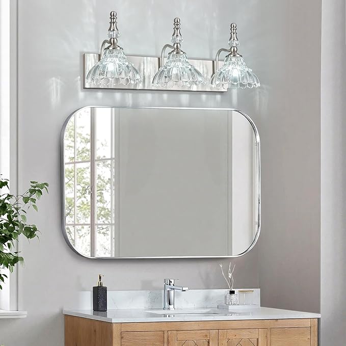 Vintage Bathroom Vanity Light, 3-Light Brushed Nickel Vanity Lighting Fixture with Flower Glass Shade, Bathroom Lighting Fixtures Over Mirror