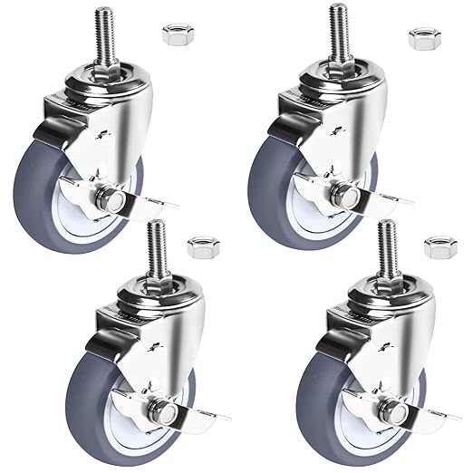 Stainless Steel Caster Wheels 4 inch, 1/2"-13x1-1/2 Threaded Stem Casters Set of 4 with Side Brake, Non-Marking Slient TPR Rubber Wheels for Furnitures,Restaurants,Labs,Hospitals