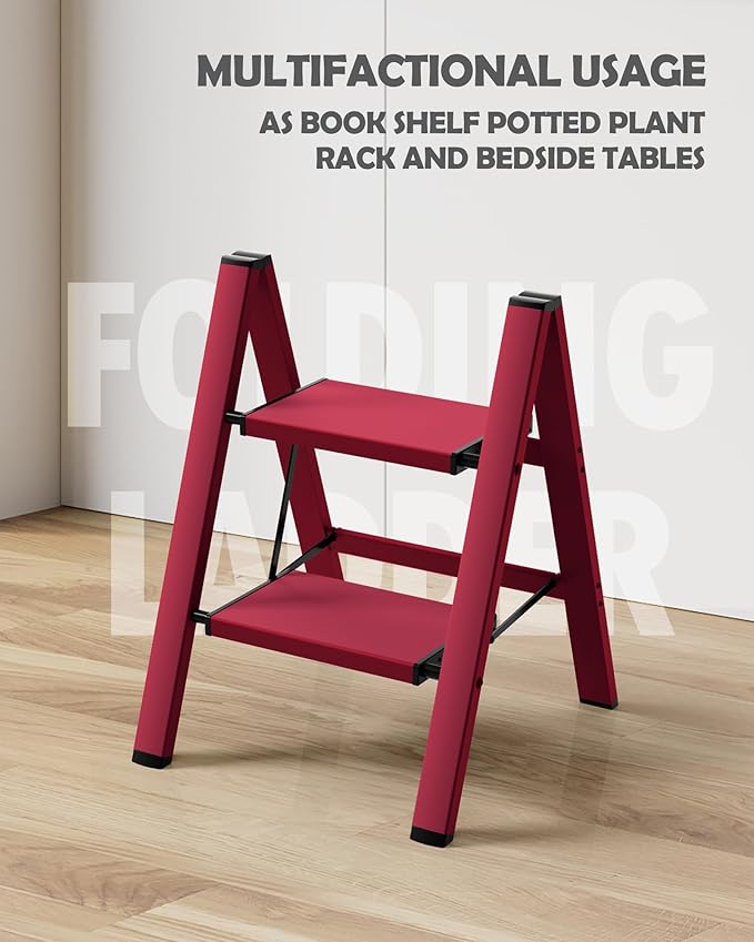 Taranta 2 Step Ladder,Aluminum Lightweight Folding 2 Step Stool with Anti-Slip Wide Pedal,330lbs Capacity Step Ladder for Household,Kitchen,Office - Red