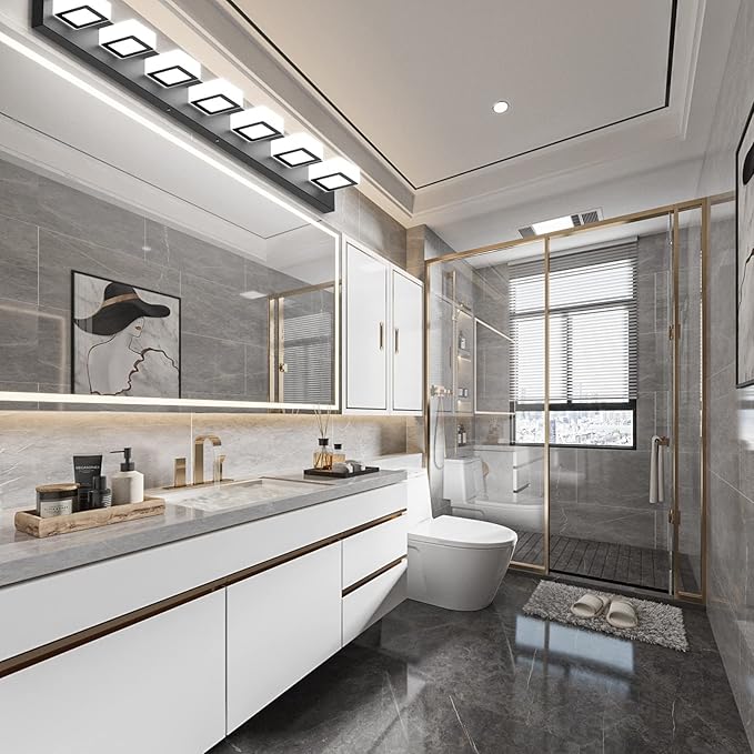 Ralbay 46" LED Modern LED Black Vanity Lights Fixtures 7 Lights Acrylic Matte Black Vanity Lights Modern Black Bathroom Wall Lighting Over Mirror