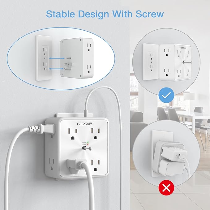 Surge Protector 8 Outlet Extender, TESSAN Multi Outlet Splitter with 3 USB Wall Charger (1 USB C Port), 3-Sided Multiple Plug Power Strip 1700J, Charging Station for Home Office Dorm Room (Pack of 2)
