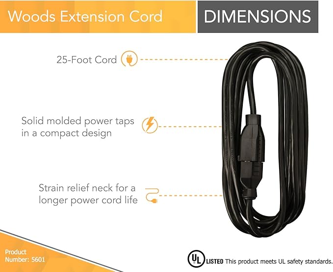 Woods Light Duty Extension Cord - Indoor Power Solution for Office & Household Use - SJTW Extension Cord - 16 Gauge - 3 Conductor - 25 Feet - Black