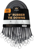 ATERET Rubber Bungee Cords with Hooks I 9 Inch, 14" Max Stretch I Heavy-Duty Black Tie Down Straps for Outdoor, Tarp Covers, Canvas Canopies, Motorcycle, and Cargo, Pack of 25