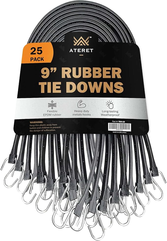 ATERET Rubber Bungee Cords with Hooks I 9 Inch, 14" Max Stretch I Heavy-Duty Black Tie Down Straps for Outdoor, Tarp Covers, Canvas Canopies, Motorcycle, and Cargo, Pack of 25