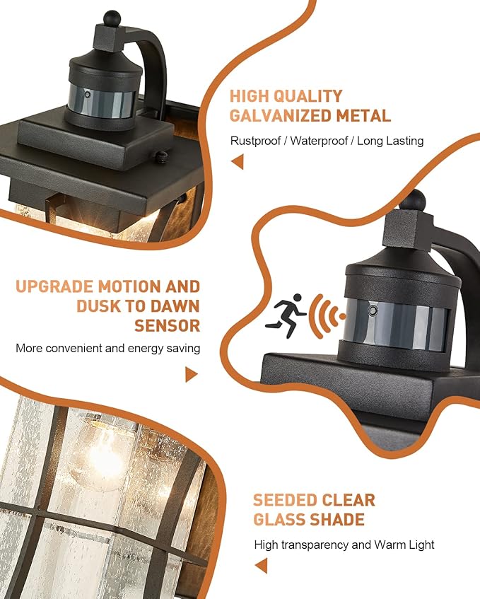 Motion Sensor Outdoor Wall Light Dusk to Dawn Exterior Light Fixtures Waterproof Exterior Sconce Black Porch Lamp Wall Mount Outside Lantern Light for House Front Door Garage