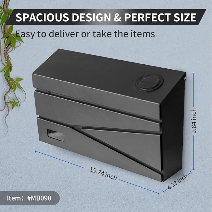 Wall Mount Mailbox, Large Capacity Mailbox for House, Visibility Galvanized Steel Rust-Proof Metal Post Box Drop, Mailboxes for Outside, 15.74"×9.84"×4.33" Solar Lanterns Black