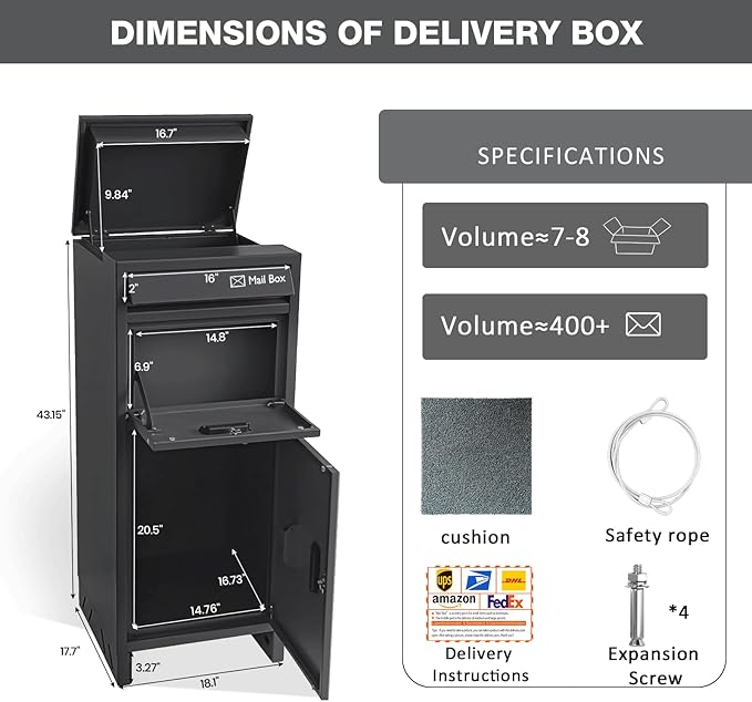 Package Delivery Boxes for Outdoor, Parcel Drop Boxes for Outside with Anti-Theft Design,Parcel Mailbox is Weatherproof, Rustproof,Suitable for Home/Office/Shop Non-installation(15.7*15.7*37.8 in)
