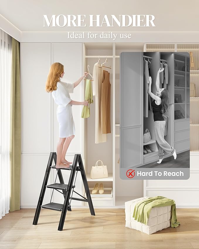 GameGem 3 Step Ladder, Folding Step Stool with Wider Pedal, Anti-Slip Feet & Non Slip Stripes, Aluminum Sturdy Material, 300Lbs Capacity, Elegant Look of Piano Black Better Matches Your Home