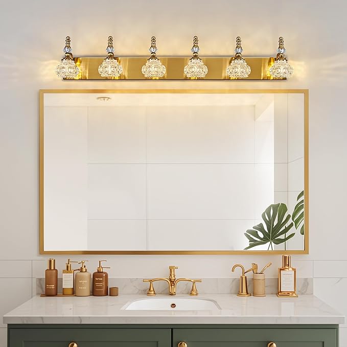 Modern Glass Crystal Vanity Light - Vintage Bathroom Lighting Fixtures Over Mirror 6 Light Vanity Lights G9 Bulb (43.3 Inch, Gold)
