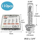 QSJ 110PCS #10 x 3/4'' Sheet Metal Screws 410 Stainless Steel Hex Washer Head Fast Self Tapping Screws with Screwdriver Bit Silver