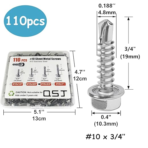 QSJ 110PCS #10 x 3/4'' Sheet Metal Screws 410 Stainless Steel Hex Washer Head Fast Self Tapping Screws with Screwdriver Bit Silver