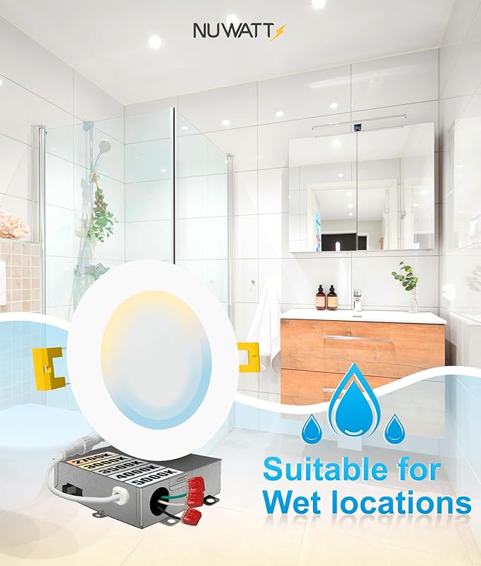 NUWATT 6 Pack, 6 Inch Ultra-Thin LED Recessed Lighting, CCT 2700K/3000K/3500K/4000K/5000K Selectable, 1050LM, 15W, Dimmable, IC Rated, Wet Rated, White Trim Canless Slim Wafer Light with Junction Box