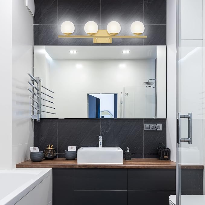 New Bathroom Vanity Light Fixtures Brushed Brass Milk White Globe Glass Shade 4 Lights Modern Wall Bar Sconce Over Mirror