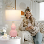 22" Double Gourd Ceramic Table Lamps Set of 2, Pink Modern Bedside Lamps for Living Room, Contemporary Nightstand Desk Lamps for Bedroom End Table Home Office Decor(2 LED Bulbs Included)