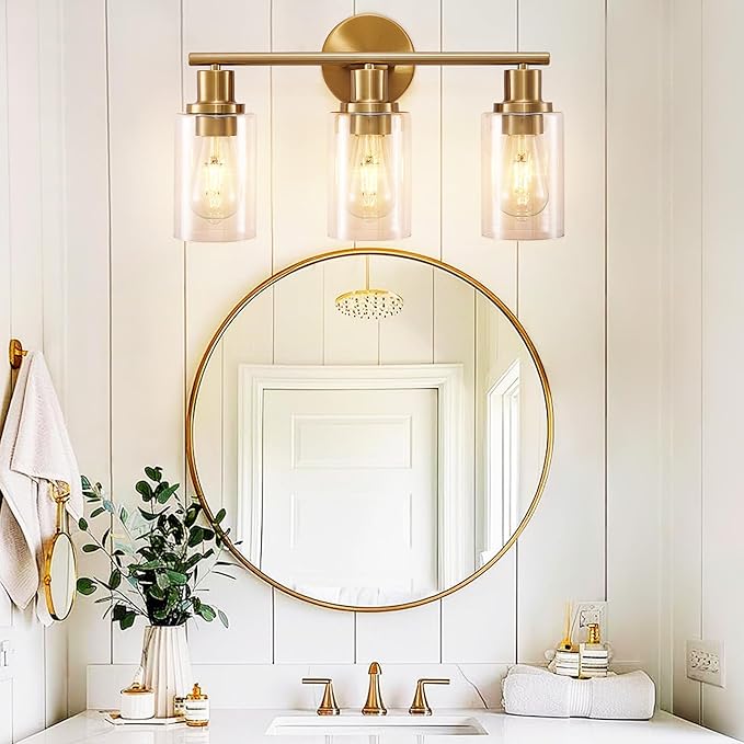 DLLT 3-Light Bathroom Light Fixtures: Gold Modern Vanity Wall Lights with E26 Bulbs - Clear Glass Shade Bathroom Wall Lamp for Mirror Kitchen Living Room Hallway Cabinet Porch