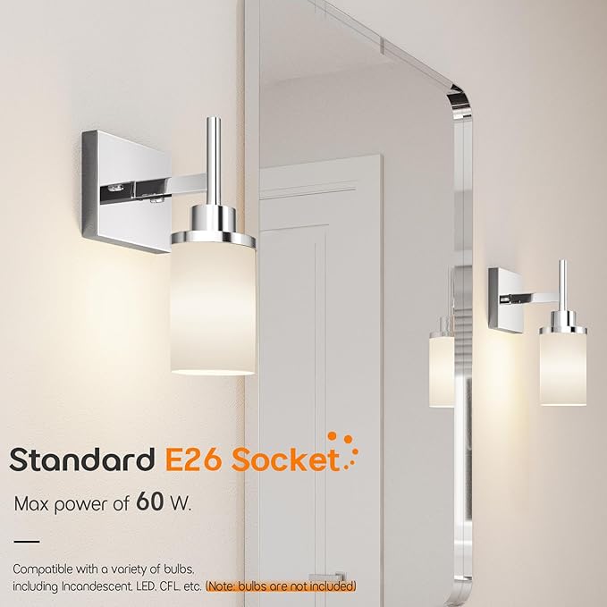 Vanity Lights Polished Chrome Bathroom Light Fixtures with White Frosted Glass Shade, Wall Sconce for Mirror Hallway Entrance Porch T001CH-L1