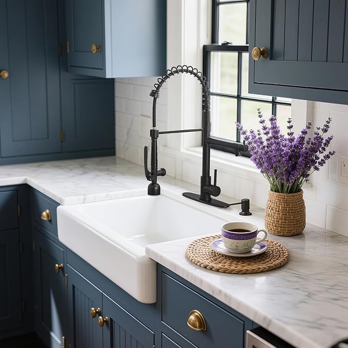 Fapully Commercial Kitchen Faucets with Pull Down Sprayer Matte Black LED Single Handle Faucet for Kitchen Sink, Kitchen Faucet with Soap Dispenser and Deck Plack for 4 Hole